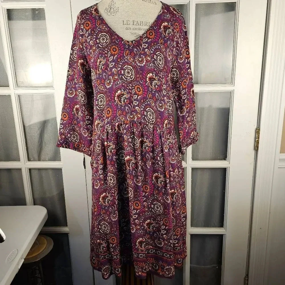 garnet hill bohemian pocket detail dress NEW Garnet Hill Bohemian Pocket Detail Dress Lined Floral 3/4 Sleeve V Neck-16